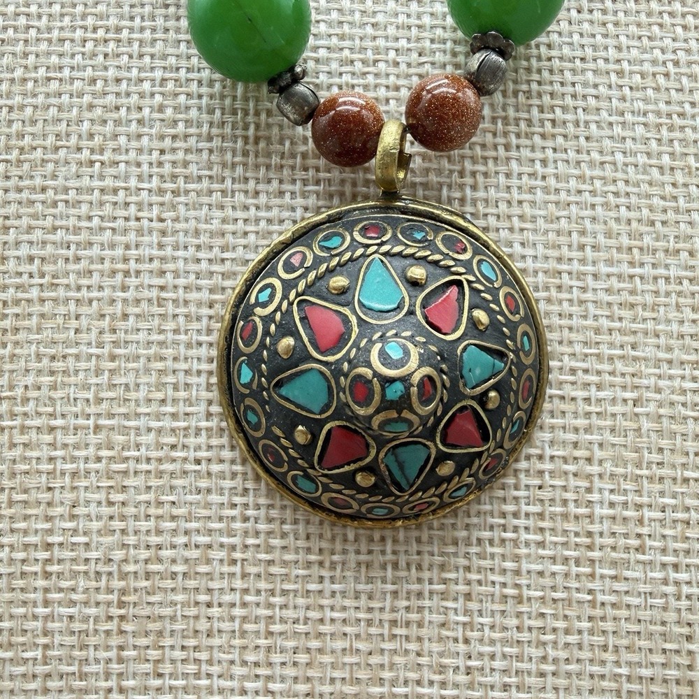Tibetan Inlay Dome Pendant Necklace Boho Mixed Glass/Semi Precious Beads & Stone - Picture 2 of 16